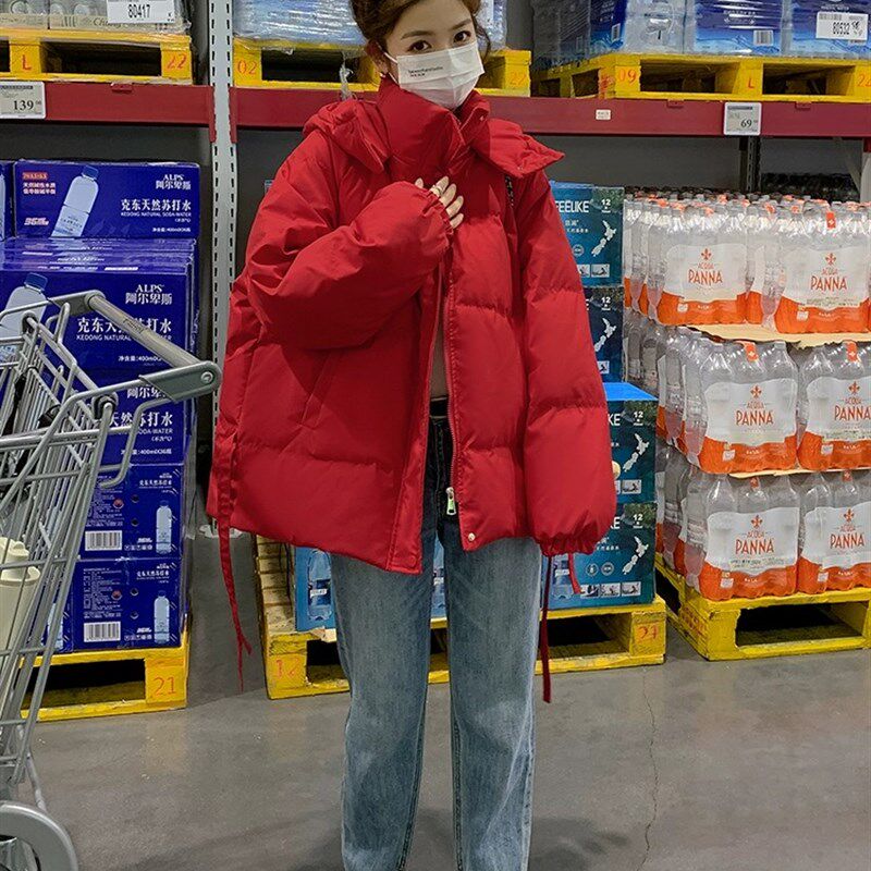 圣诞红色连帽羽绒服n棉衣棉服女短款2024冬季新款宽松显瘦保暖