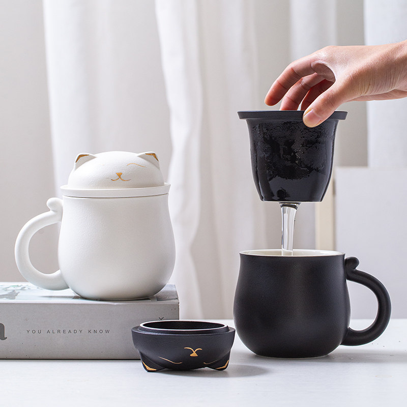 卡通猫咪c陶瓷茶水分离泡茶杯办公室个人专用水杯带盖过滤情侣杯