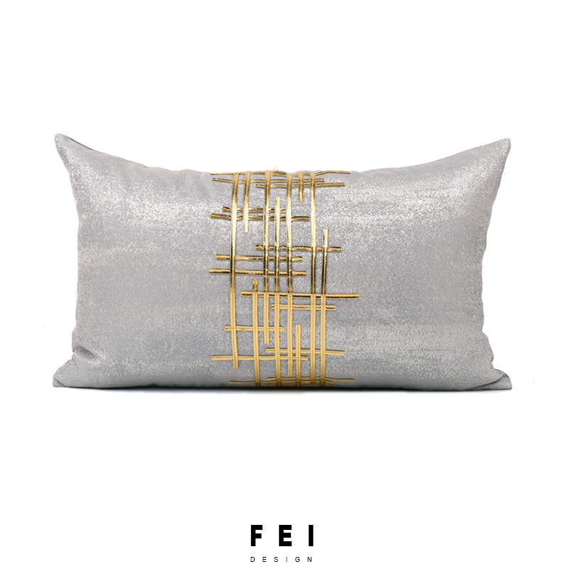 FEI非《轨迹》灰色腰枕现代简约抱枕样板房N间金色绿色皮绣花靠垫