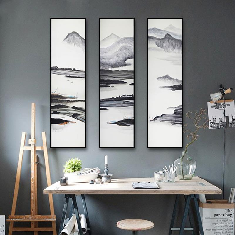 新中式山水风景画黑白水墨挂画现代简约玄关装饰画竖版三联画走廊