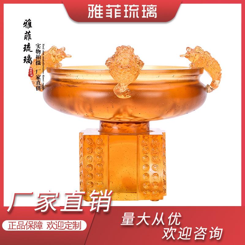 浮雕立体金蟾聚宝盆 玄关招财风水摆件 商务琉璃金蟾聚宝盆