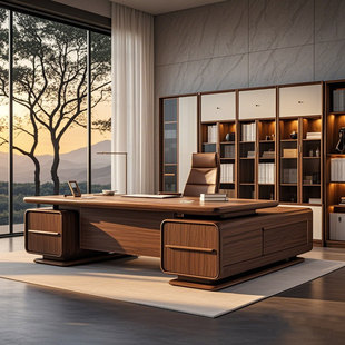 新中式黑胡桃木大班台老板办公室桌椅组合总经理主管高端定制家具