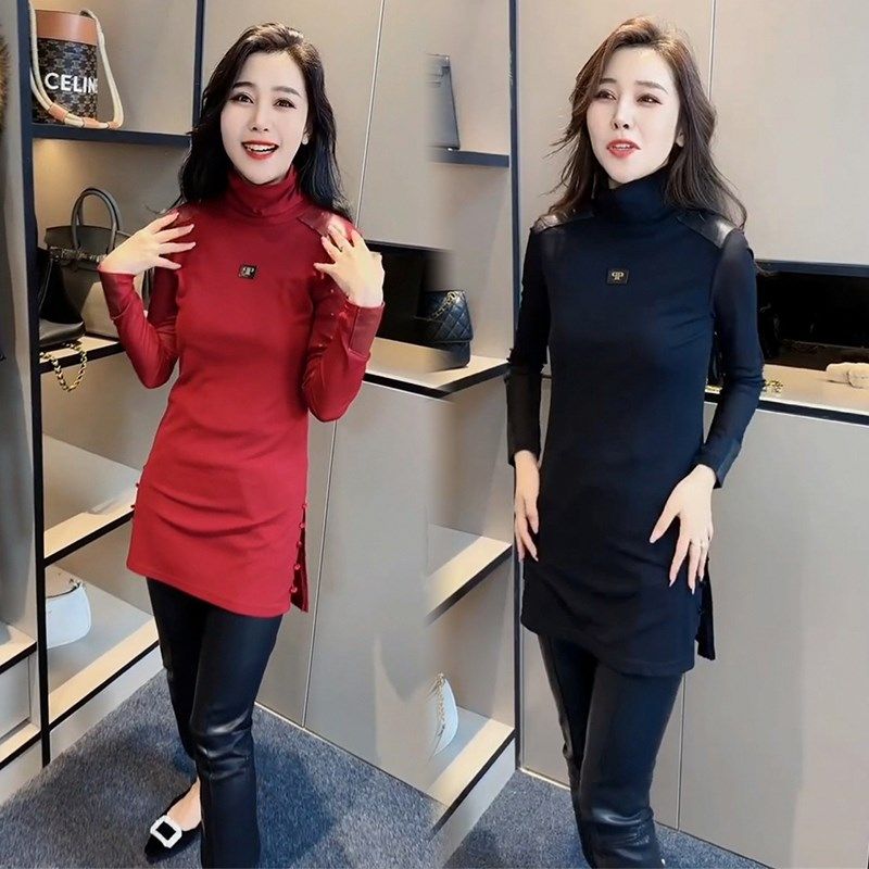 气质网红t恤女24冬季s新款韩版高领长袖洋气百搭显瘦中长款打底衫