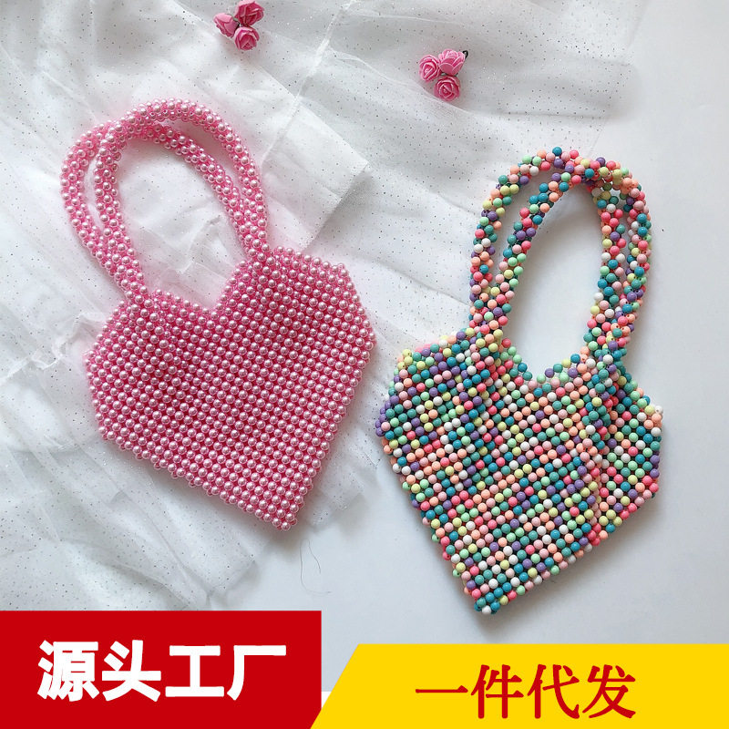 源头工厂珍珠桃心串珠包包手提爱心包手工串珠包小V仙女心形包包