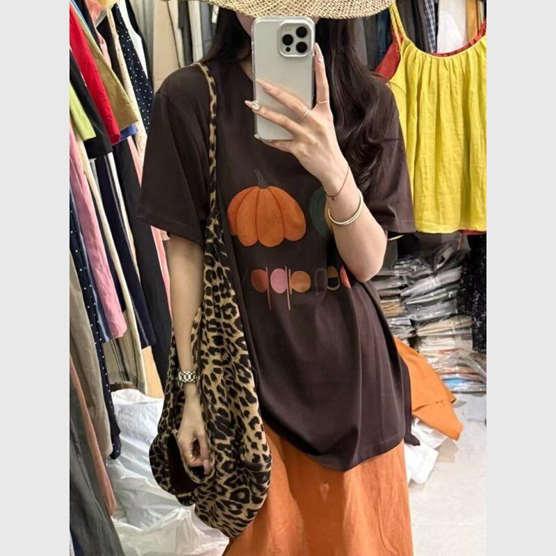 2025夏韩版慵懒风简约南瓜印花T恤女宽松显瘦百搭ins潮款