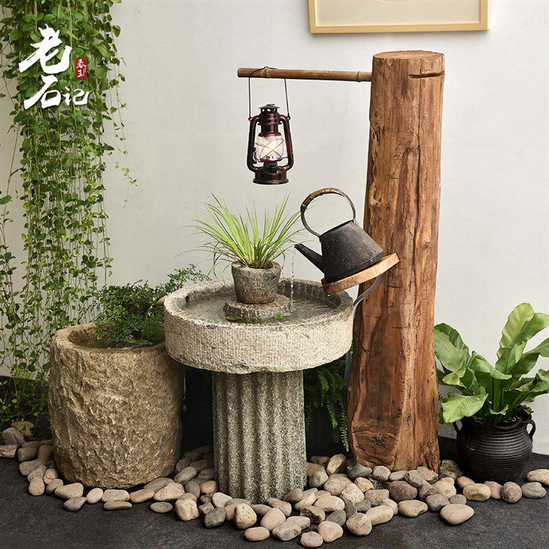 石器流水木架室内景观阳s台水景庭院布景石槽组合鱼缸水池石磨摆