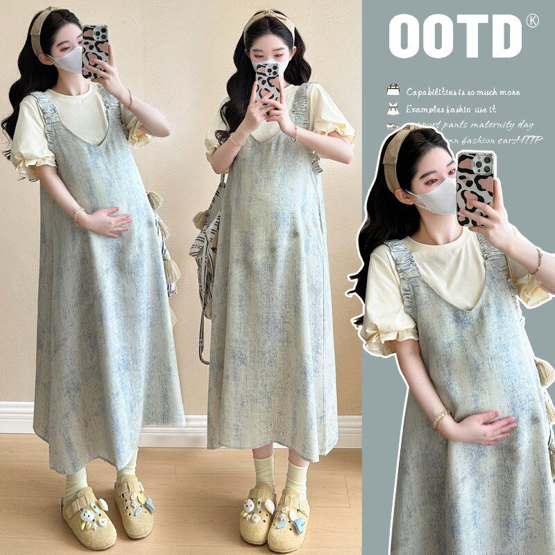 设计感蓝色扎染背带裙套装女中w长款2025夏季新款小众孕妇装两件