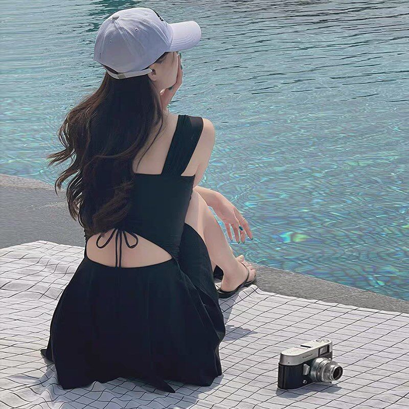 黑色裙式连体保守高级感p显瘦遮肚泳衣女款2024年新款爆款小胸聚