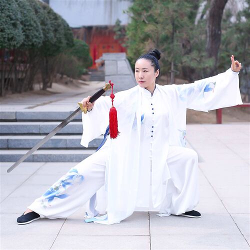 新款太极服马蕾气l功服武术练功晨练中长款表演服彩绘蓝白青花夏