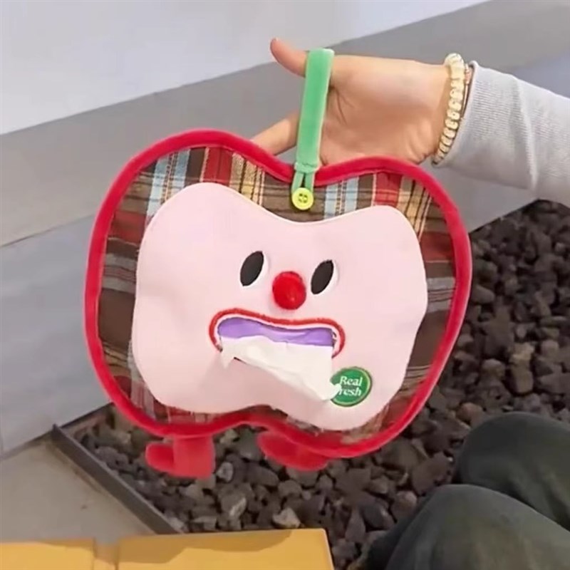 苹果造型纸巾盒可爱表情车载悬挂式纸巾套布艺毛茸茸抽纸收纳袋子