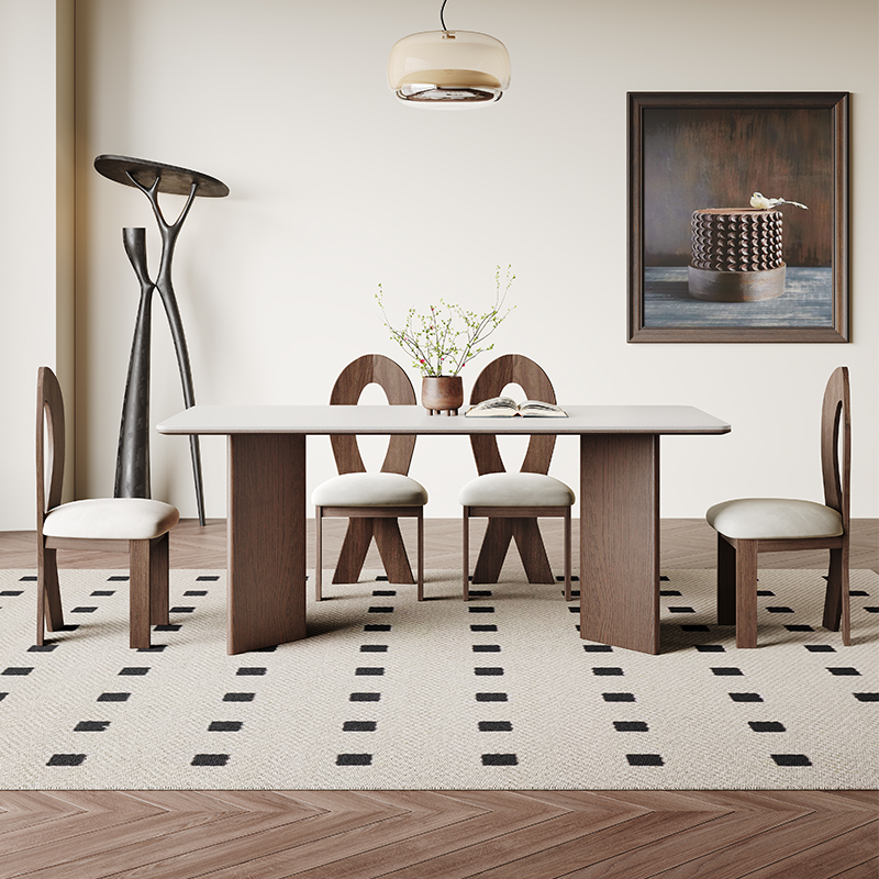 侘寂风进口岩板餐桌全托长方形岩胡E桃木色轻奢高端北欧实木餐桌