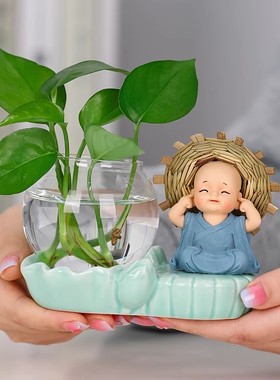 办公室桌面家居四不小和尚禅意茶宠茶几I装饰绿萝水培花瓶器皿摆