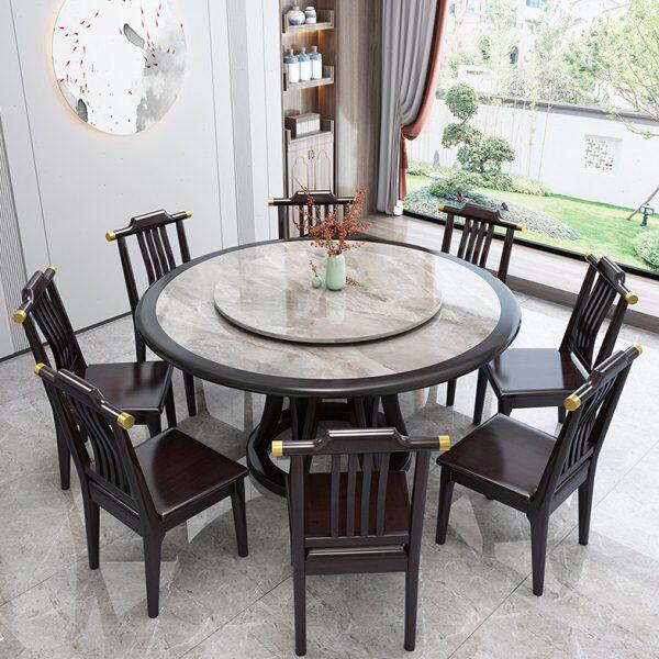 转盘10人家用岩圆桌板大理石吃饭桌子新中式实木餐桌椅圆形组合带