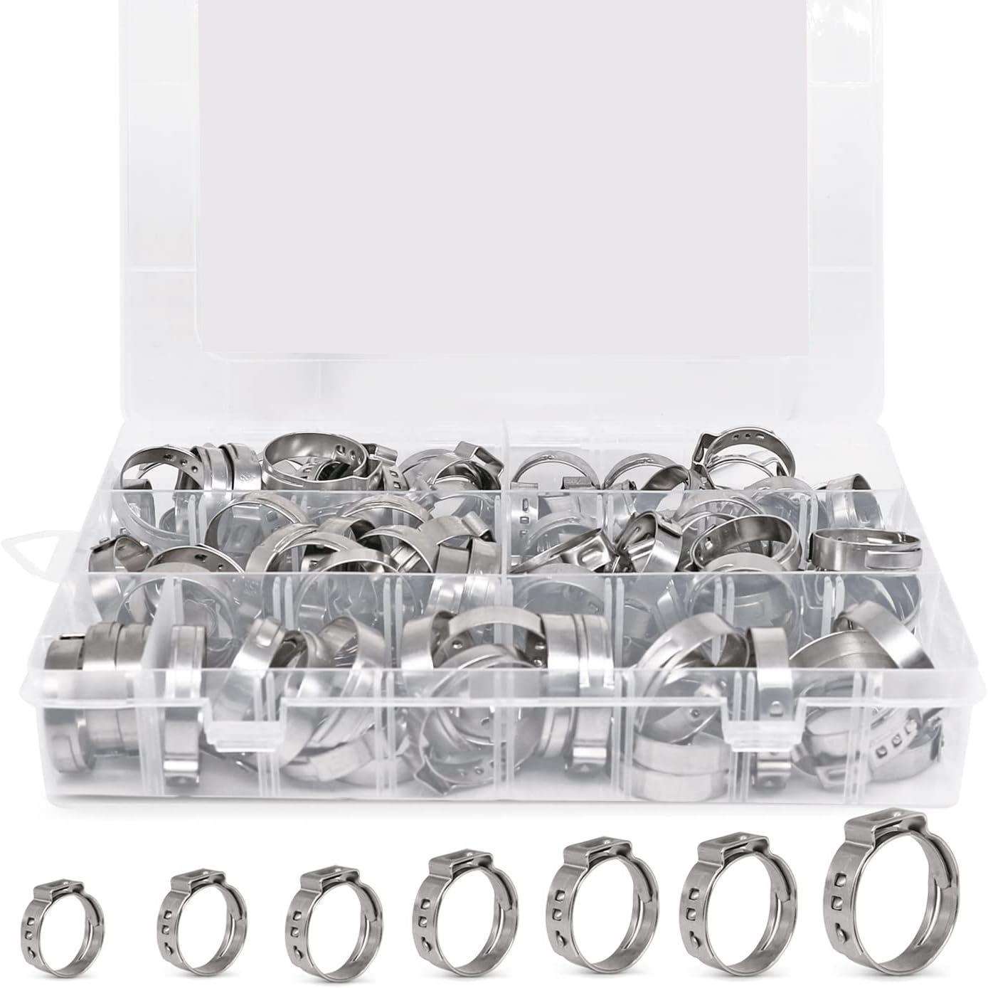 跨境 100PCS 盒装 5种尺寸/304不锈钢喉箍卡箍抱箍单耳软管夹