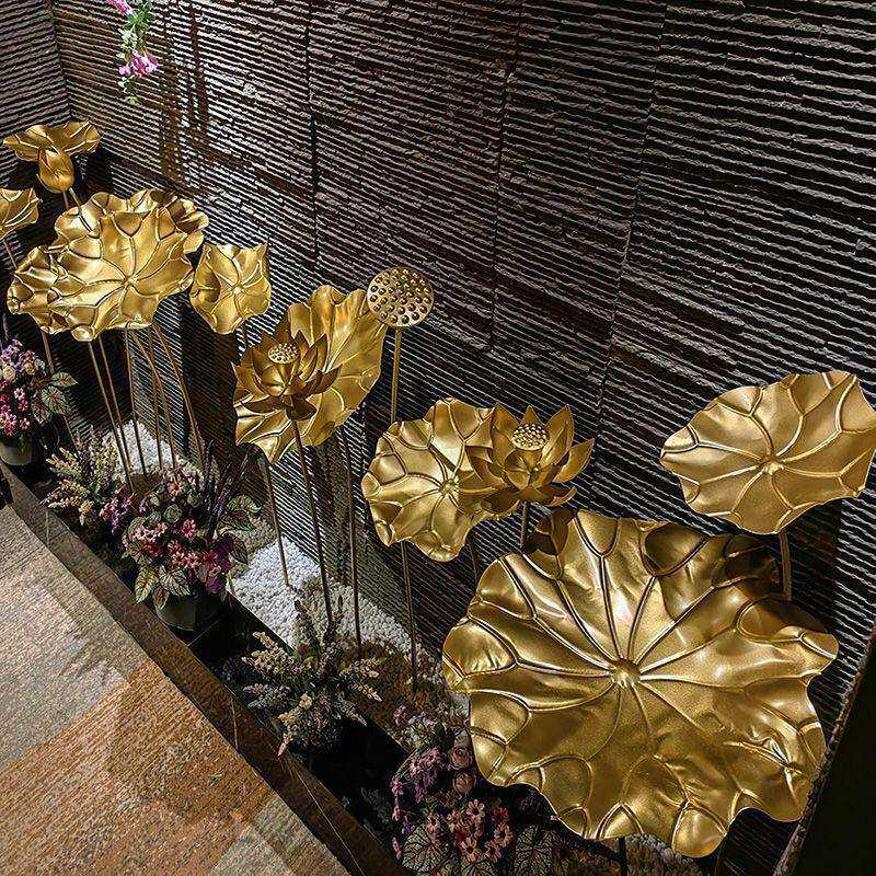 水池鱼池水景摆件装饰莲花橱窗铁艺金色道店叶荷叶足浴荷花品过