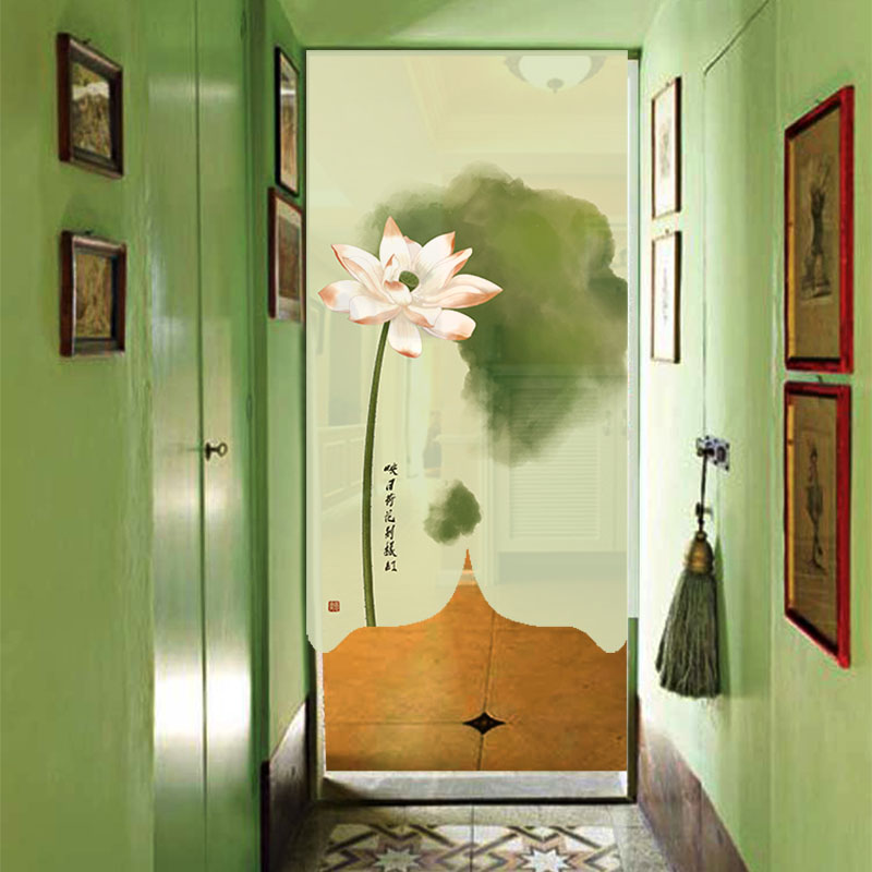 画意挡风空调帘卫生间软隔u断挂帘家用布艺定制长门帘半透装饰荷