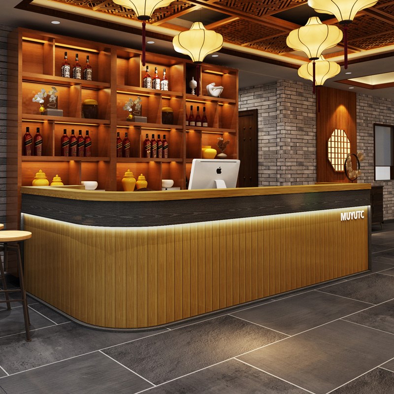 实木复古收银台转角饭店餐厅酒吧吧台桌餐馆餐饮酒V柜一体弧形定