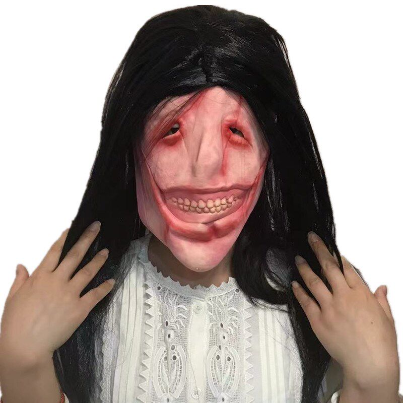 长发恶魔面具万圣l节鬼屋剧本杀恐怖道具红脸女鬼露齿微笑头套全