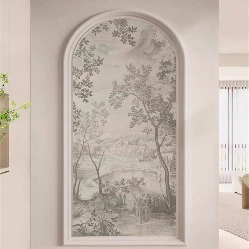 法式弧形壁画f拱形玄关背景墙装饰画现代简约壁纸入户墙布过道壁