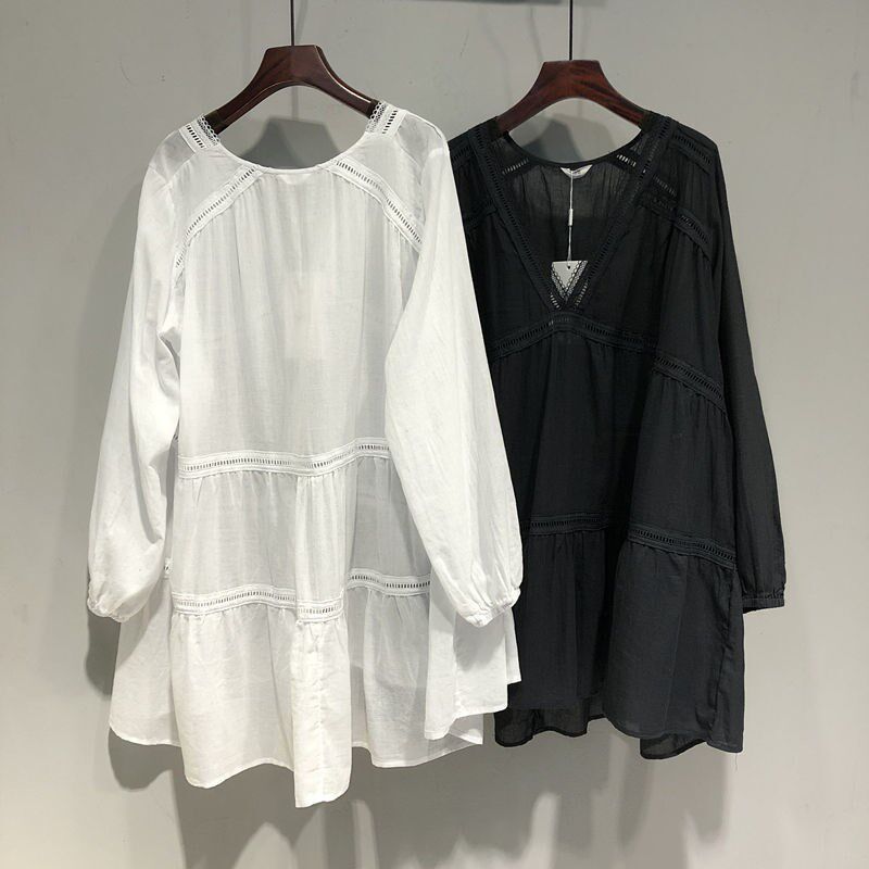 胖mm2-300斤超大码V领宽松拼接重工衬衫女中长款长袖X透气薄防晒