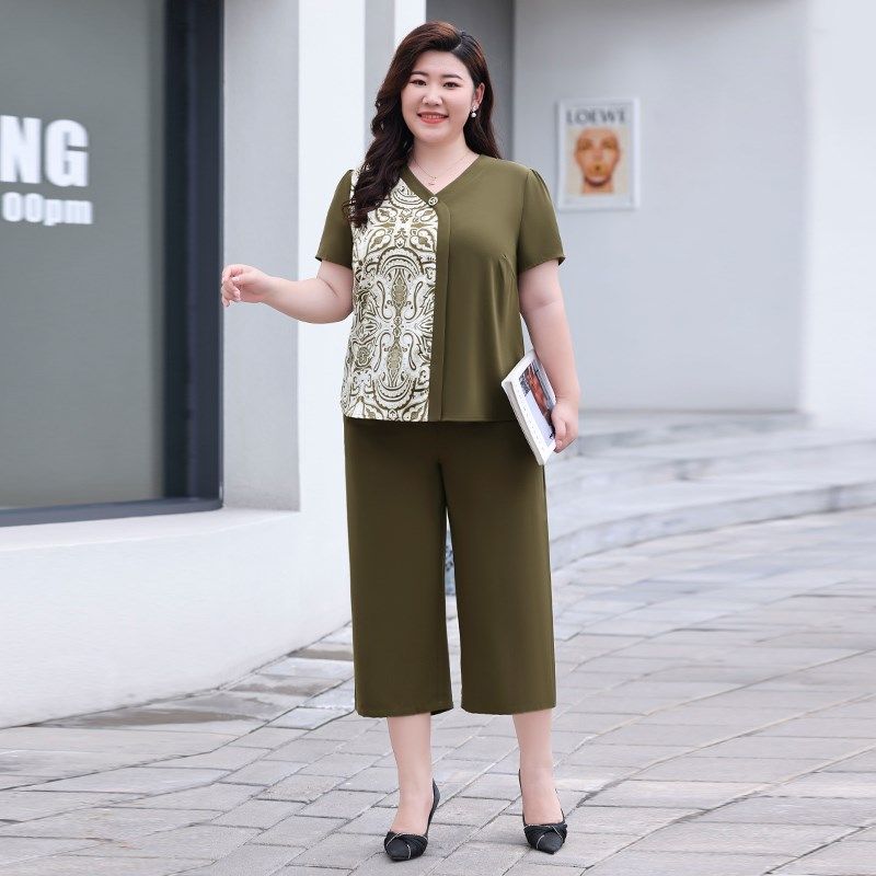 Q胖妈妈夏装时尚两件套洋气V领加肥加大码宽松显瘦胖mm雪纺套装女,女装/女士精品,大码套装,淘宝优惠券,粉丝福利购,淘宝优惠卷