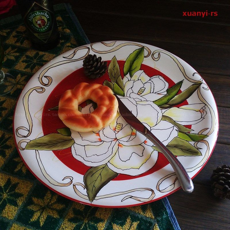 陶瓷餐盘 手绘釉下彩瓜果盘 大圆盘子 花卉造型装饰盘 挂盘 坐盘,餐饮具,盘,淘宝优惠券,粉丝福利购,淘宝优惠卷