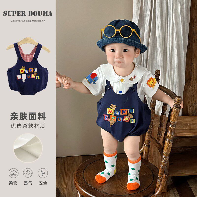 宝宝夏季套装超萌婴儿服韩版洋气婴幼儿刺绣背带哈衣POLO衫两件套