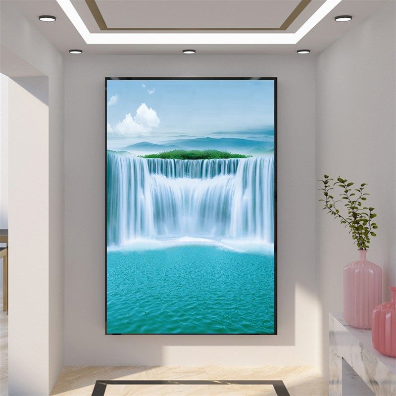 流水生财黄果树瀑布聚宝盆风景画客厅走廊K过道玄关装饰晶瓷框挂
