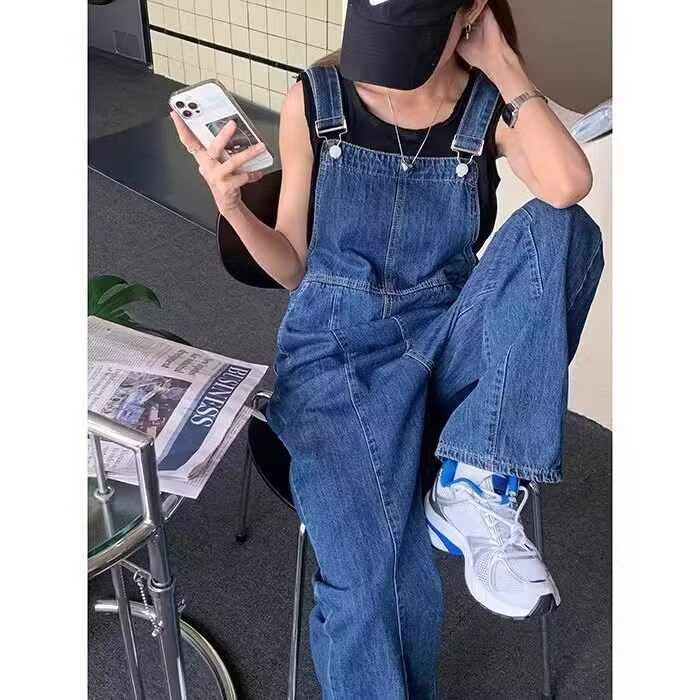 牛仔背带c裤女春秋新款大码宽松微胖减龄小个子连体裤显瘦阔腿长