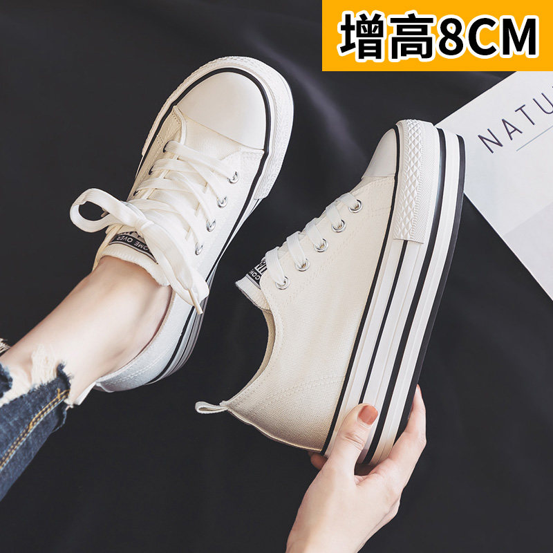 韩国内增高8厘米帆布鞋女2021秋冬季新J款百搭加绒厚底松糕板鞋子
