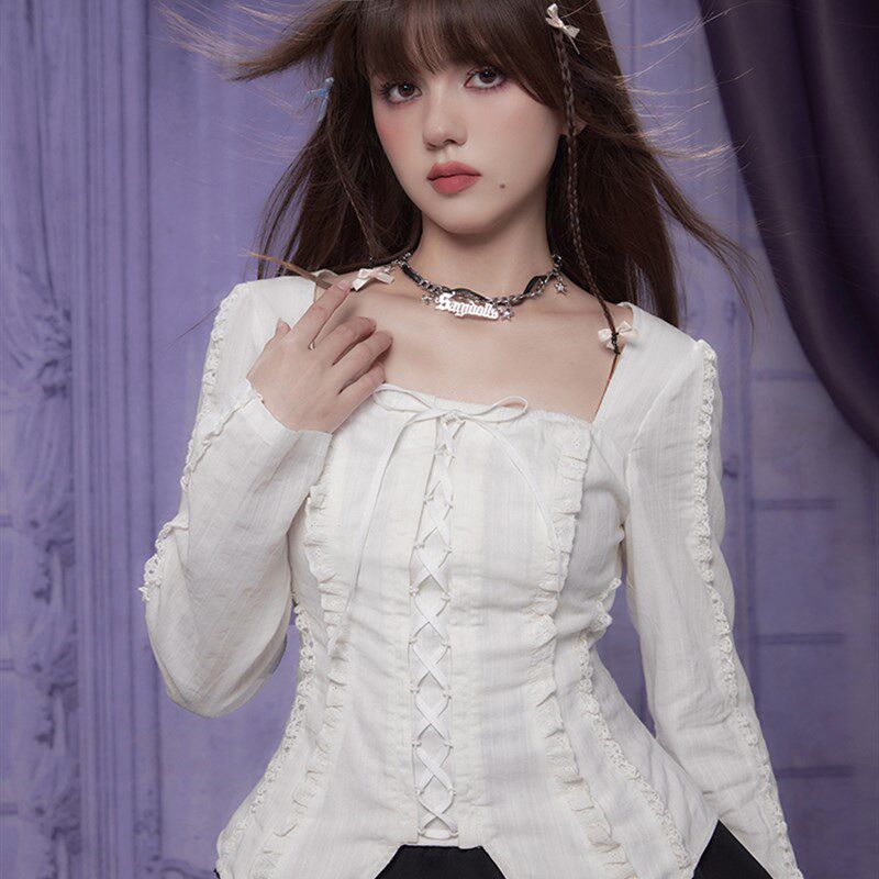 SagiDolls少女斗志 法式甜美绑带白色方领肌理感衬衫掐Z腰显瘦百