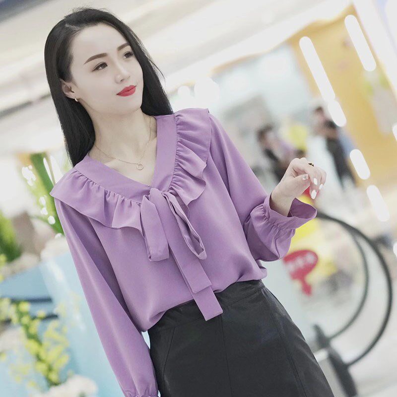 衬衫女春秋季新款V领系带可w咸可甜荷叶领时尚洋气减龄宽松打底衫