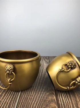 实心纯铜聚宝盆摆件客厅狮头皇宫招财缸按比例仿制办公室桌面元宝