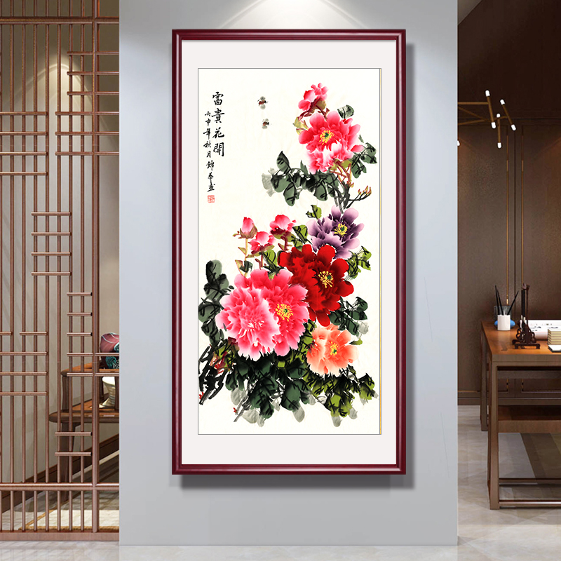 玄关花开富贵客厅入户装饰画牡丹花鸟挂画新中式茶室走廊酒店壁画图片