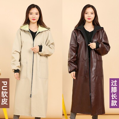 PU皮围裙防水防油软皮革罩衣加长款男女工作服家务厨.房防污护衣