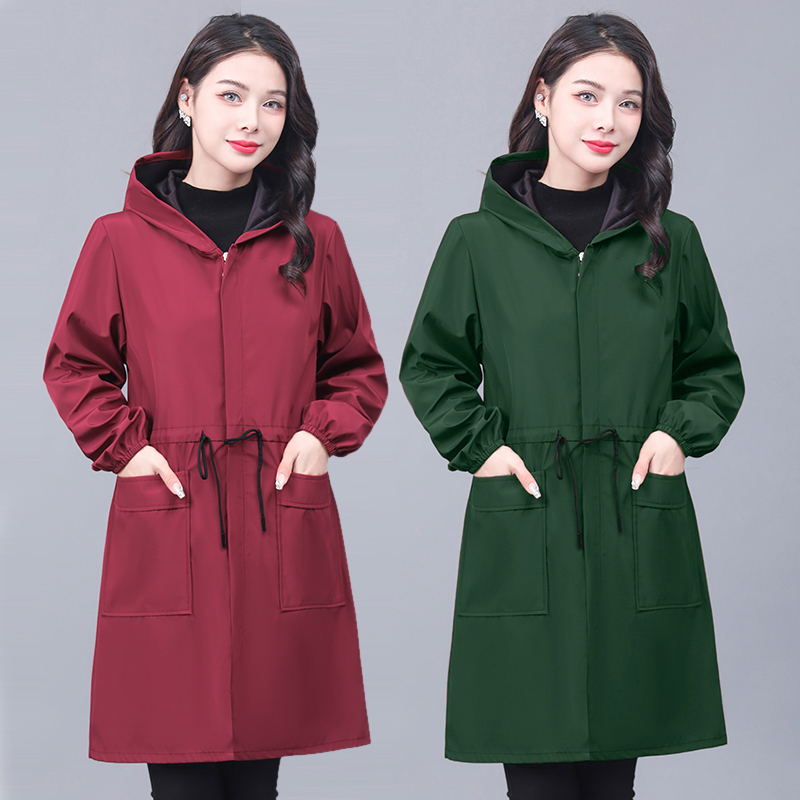 防水罩衣女成人家用长袖连帽长款围裙防油时尚厨房工作服大褂护衣