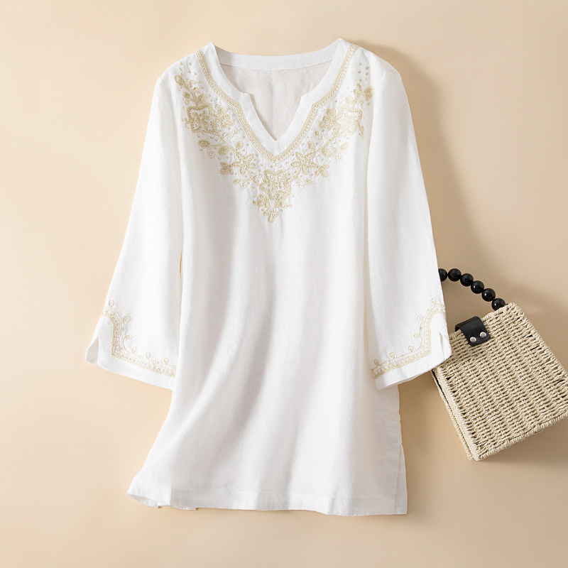 弧形V领7分袖罩衫夏季精致重工花型刺绣小宽松中长款亚麻衬衫,女装/女士精品,衬衫,淘宝优惠券,粉丝福利购,淘宝优惠卷