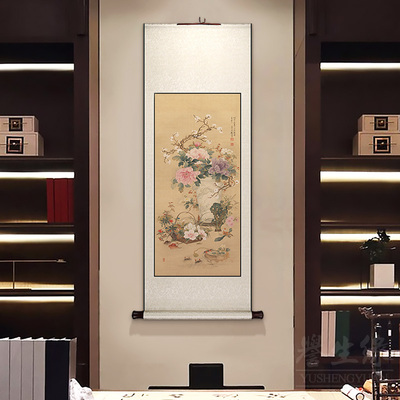 明清古画岁朝图中式卷轴挂画竖版饭厅书房装饰画玄关走廊过道壁画