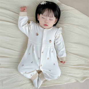 婴儿长袖连体衣春秋纯棉A类无骨爬服新生女宝宝外出服哈衣秋冬季
