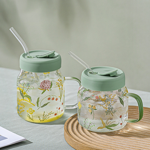 西比尔小清新玻璃吸管杯耐u高温大容量带盖玻璃杯水杯子高颜值送