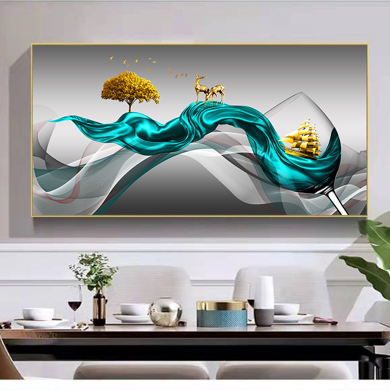 招财九鱼图餐厅装饰画饭厅新中式歺厅挂画酒杯横幅餐桌墙上面壁画