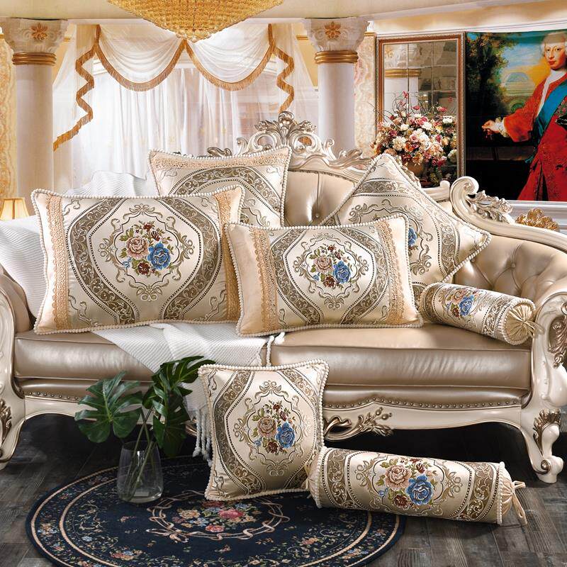 欧式刺绣花抱枕靠垫套布艺沙发汽车床头H客厅家用长腰靠枕含芯包