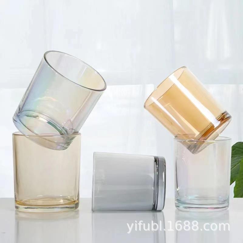 七彩玻璃杯炫彩蜡烛杯电镀彩色圆形直筒七彩玻璃蜡烛杯玻璃烛台