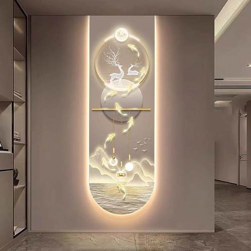 现代轻奢玄关装饰画新中式九鱼图走廊过道挂画LED灯画金麋鹿壁画