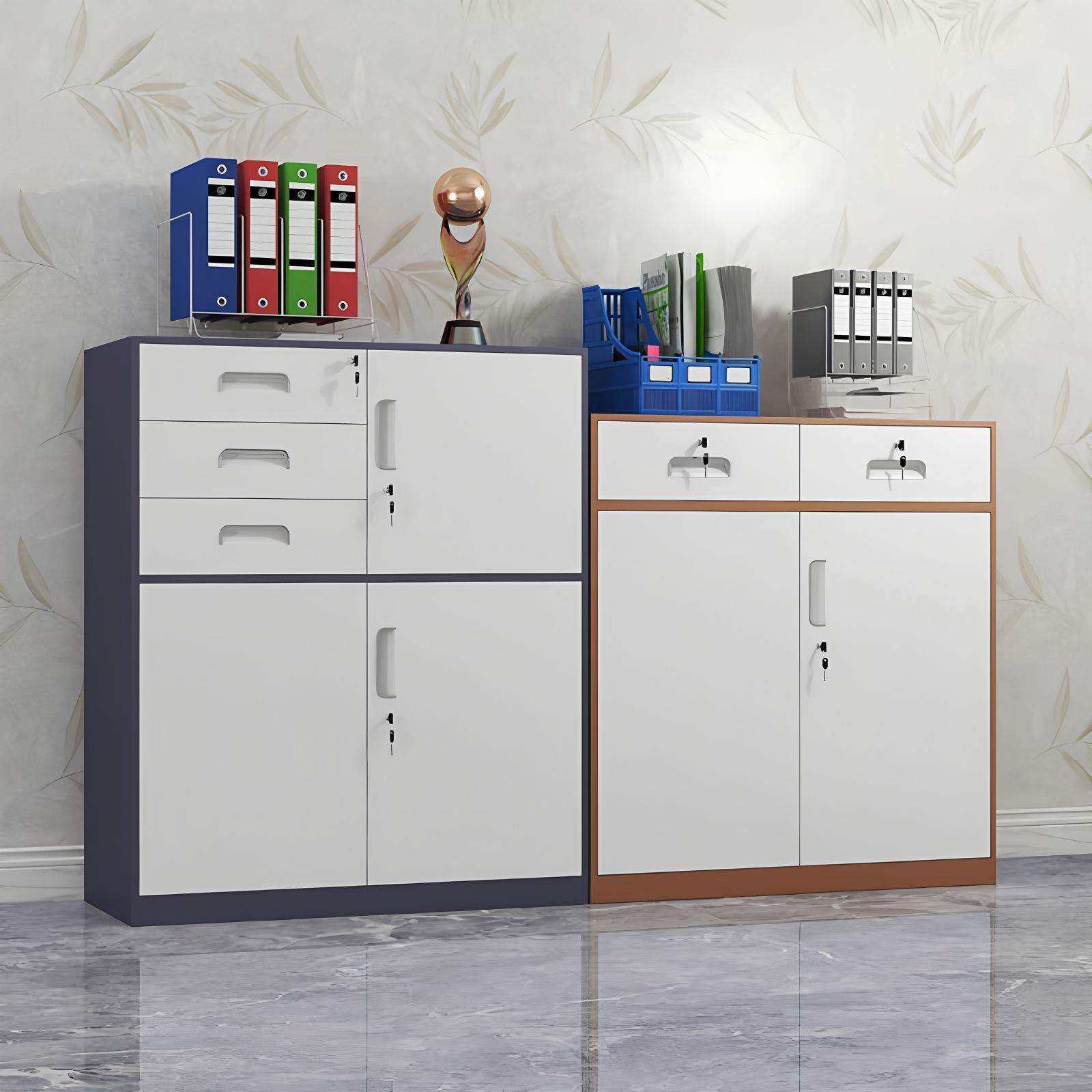 员工落地铁皮资料储物收纳矮柜钢制玻璃门带抽屉锁办公档案文件柜