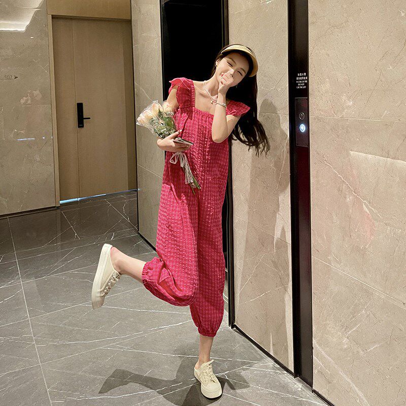 网红连体衣背带裤夏季薄款女2024宽松设计N感木耳边七分束脚连体