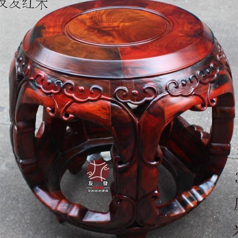 老挝大红酸枝木鼓凳圆凳实木w凳子换鞋凳绣墩餐凳中式红木家具矮