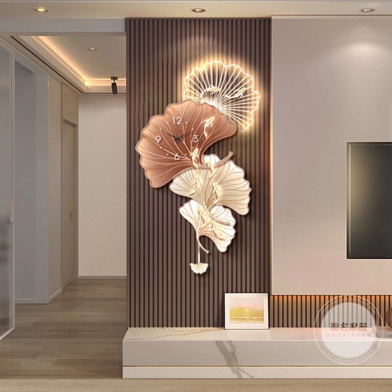 奶油风挂钟玄关装饰画银杏叶走廊过道尽头墙时钟挂画静音摇摆钟表