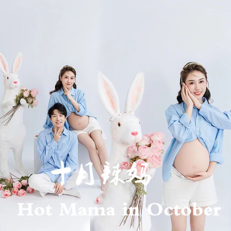 23年兔年影楼孕妇情侣主题简约B蓝色衬衫孕妈咪夫妻主题拍照服装