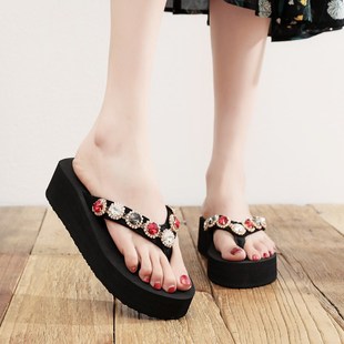 网红凉拖水钻坡跟时尚 女夏2025新款 女士外穿人字拖潮 拖鞋 中跟韩版